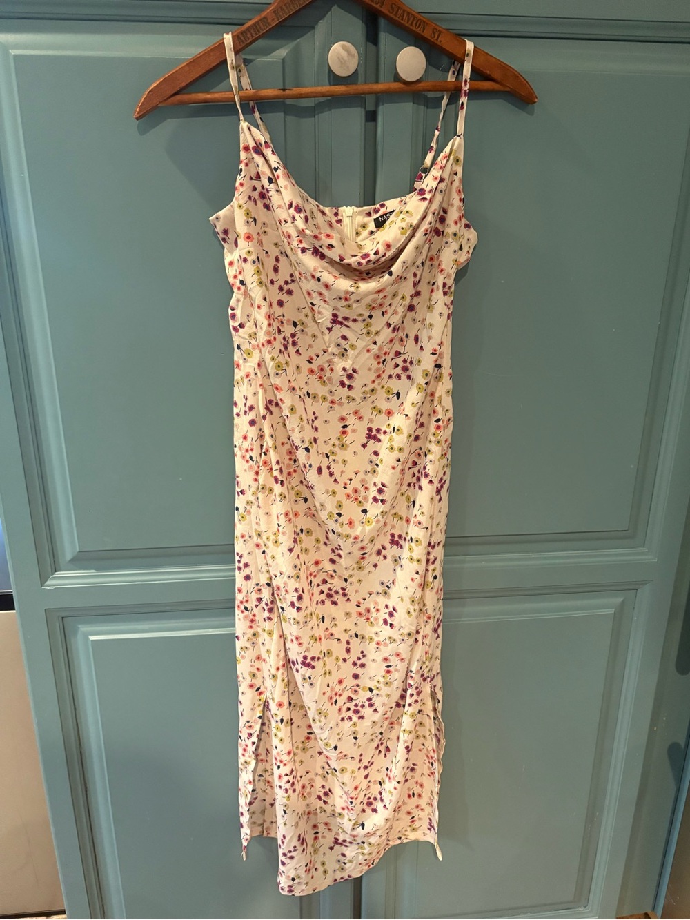 Nasty Gal Floral Cowl Neck Slip Dress in Cream with Pink Accents